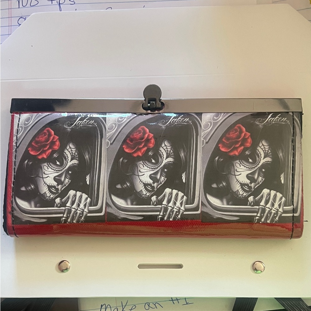 Day of the Dead Themed Wallet with Red Accents